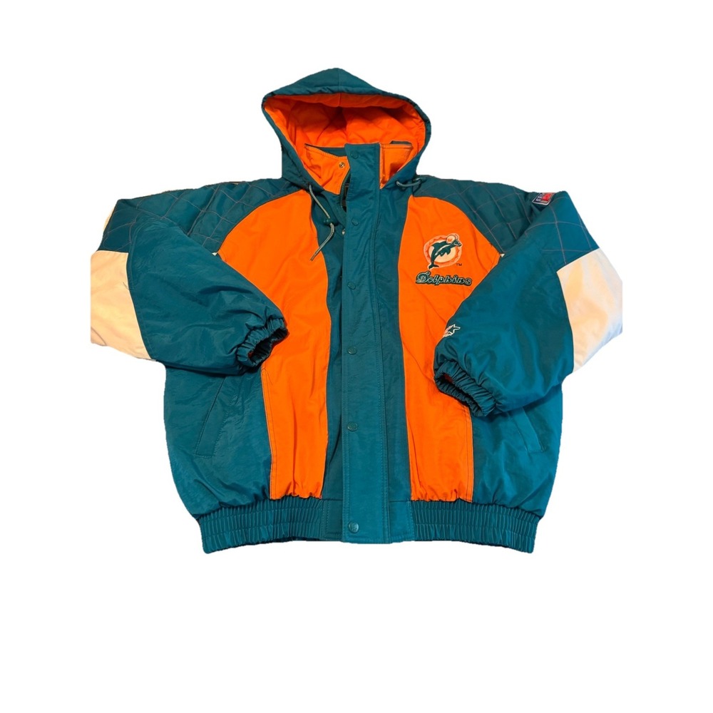 Starter Pro Line Jacket Mens Medium Miami Dolphins Puffer Hooded Quilted Vintage